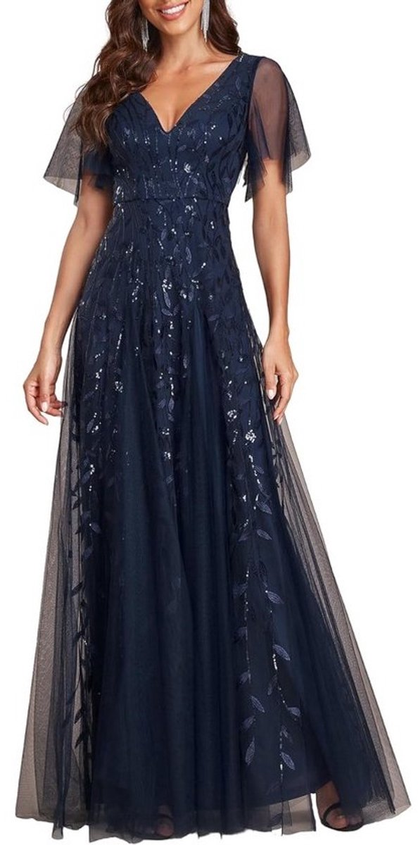 Elegante Avondjurk Dames V-Hals Kant Tule Pailletten Lange Ruches Formeel