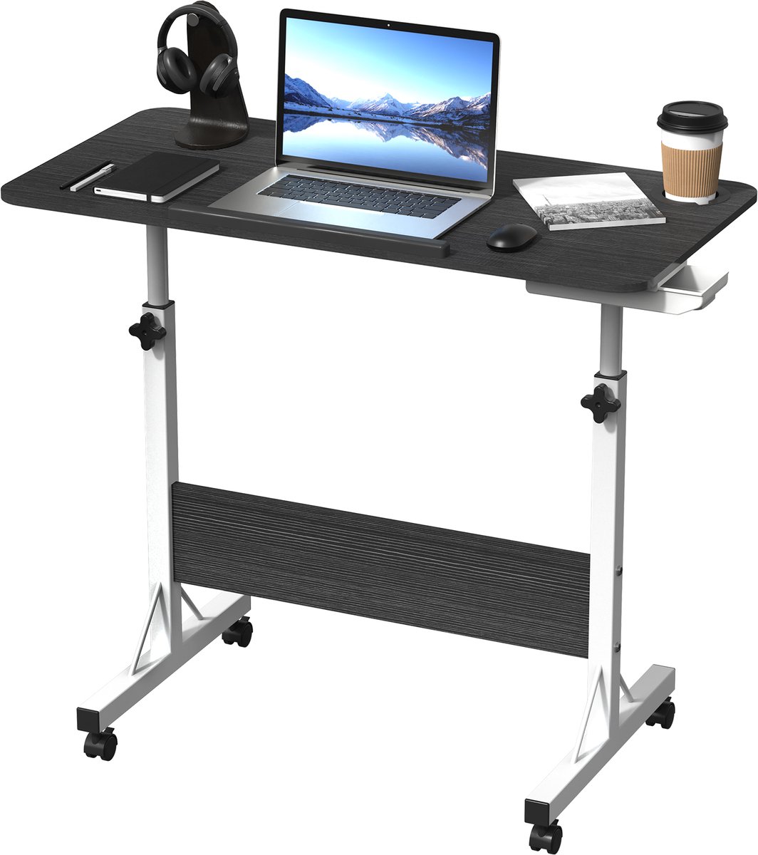 Arvioo - Verrijdbaar bureau - Inklapbaar - Hoogteverstelbaar - Met bekerhouder & lade - Zwart