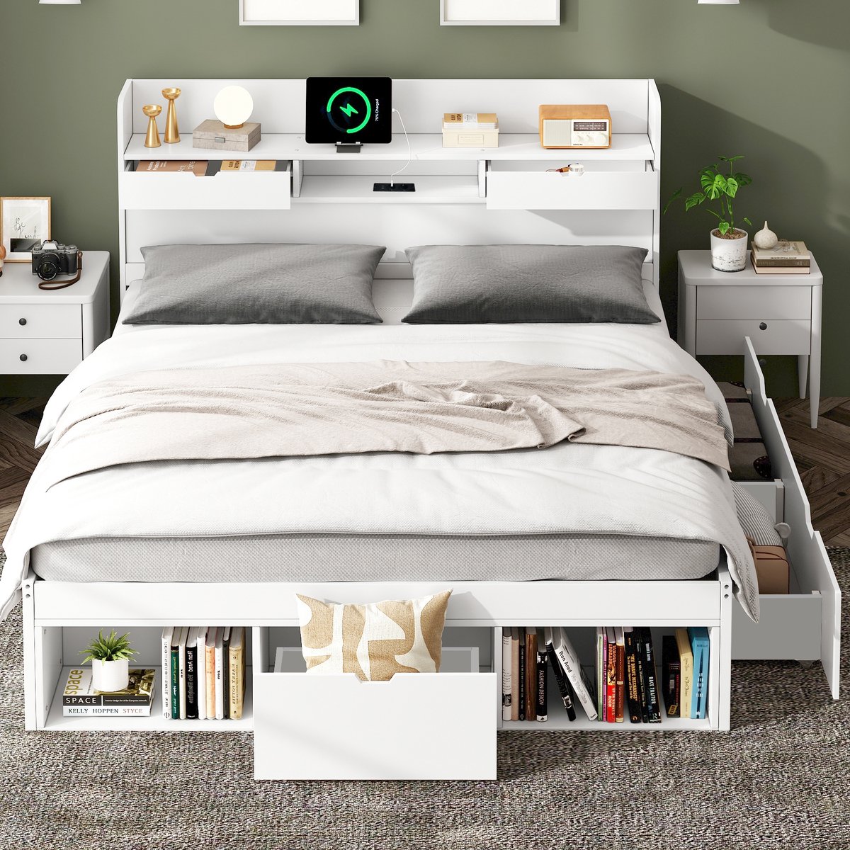 Wishdor Tweepersoonsbed 140x200 cm - USB en Type-C - Schuifladen en opbergkast - Lattenbodem inbegrepen - Kinderkamer slaapkamer - Hout en MDF - Wit