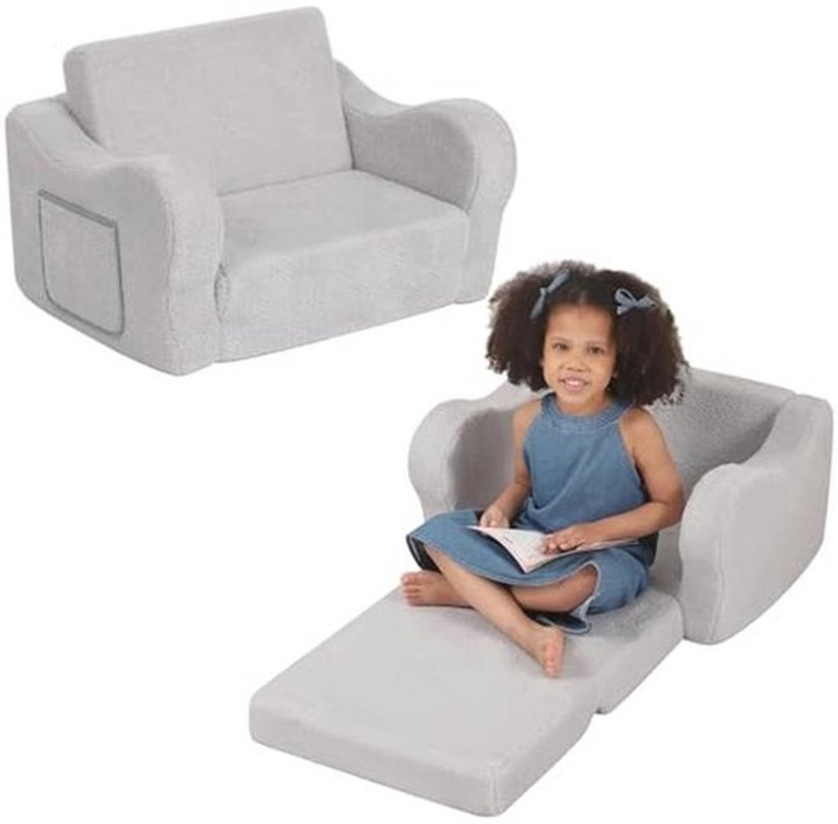 BestRoyal Comfortable Toddler Chair, 2-in-1 Folding Sofa, Sherpa Sofa in Recliner Chair for Boys and Girls, Grey
