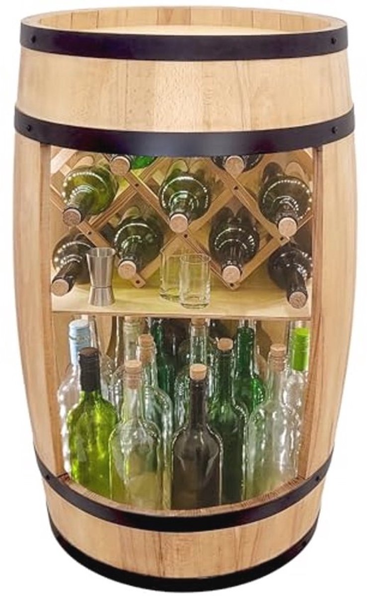 Houten vat-bar met wijnhouder en LED-verlichting - Rustieke barkast en wijnstandaard voor thuis