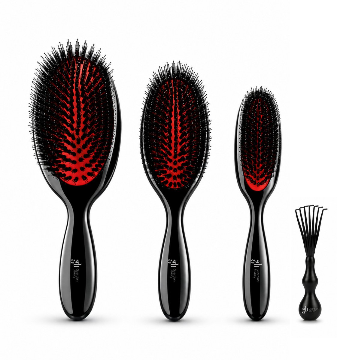 Guardian Beauty Antiklet Set - 3 stuks - Everzwijnharen - Beukenhouten - Hoofdhuidmassageborstel voor Pluisvermindering + Inclusief Haarborstelreiniger