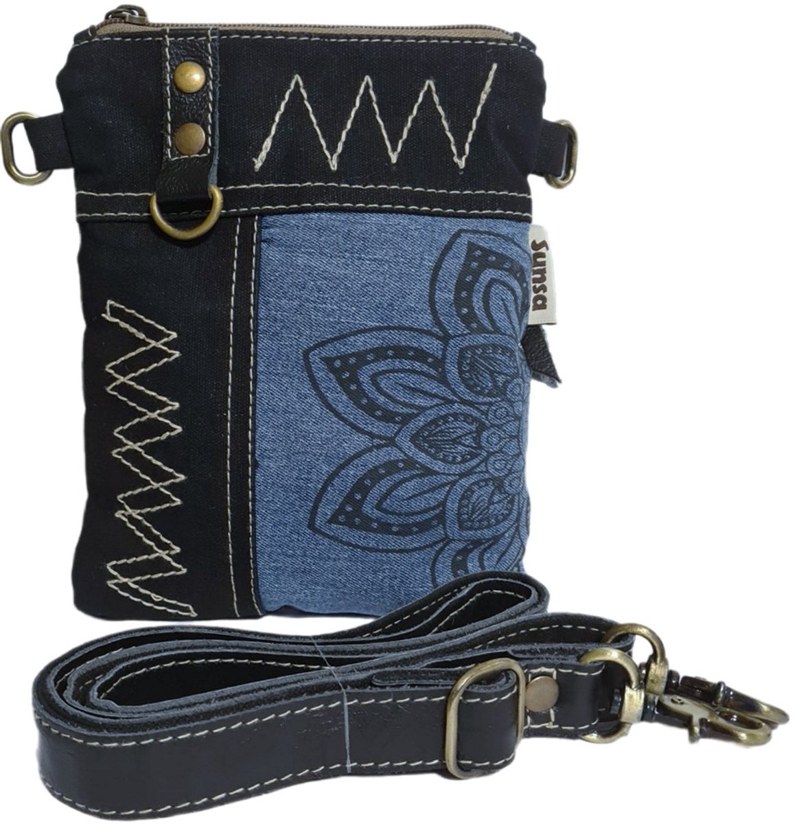 Sunsa-Tasje-Denim-Canvas-Leer-gerecyclede jeans-Flower-dames-heren-Retro-Vintage-Streetwear-18 x 23 x 2 cm-Black/Denim