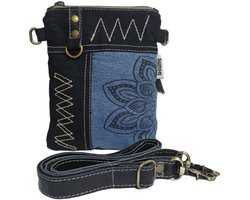 Sunsa-Tasje-Denim-Canvas-Leer-gerecyclede jeans-Flower-dames-heren-Retro-Vintage-Streetwear-18 x 23 x 2 cm-Black/Denim