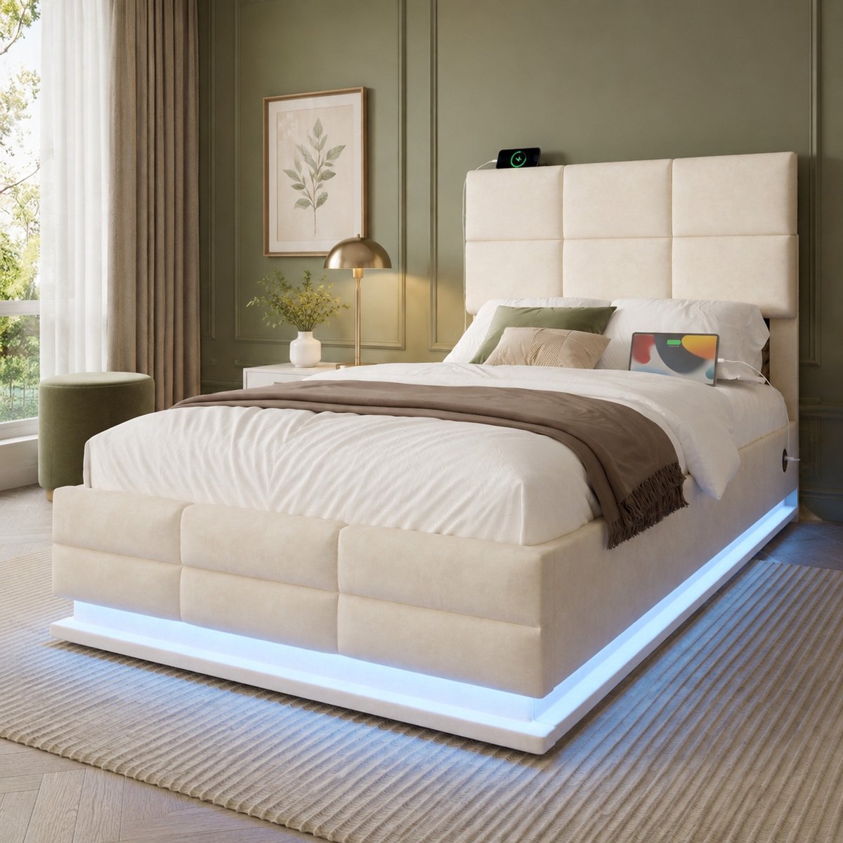 Wishdor Bedframe 90x200 cm - Verstelbaar hoofdbord - USB en Type-C - LED-verlichting en opbergruimte - Modern slaapkamerbed - Stof - Beige