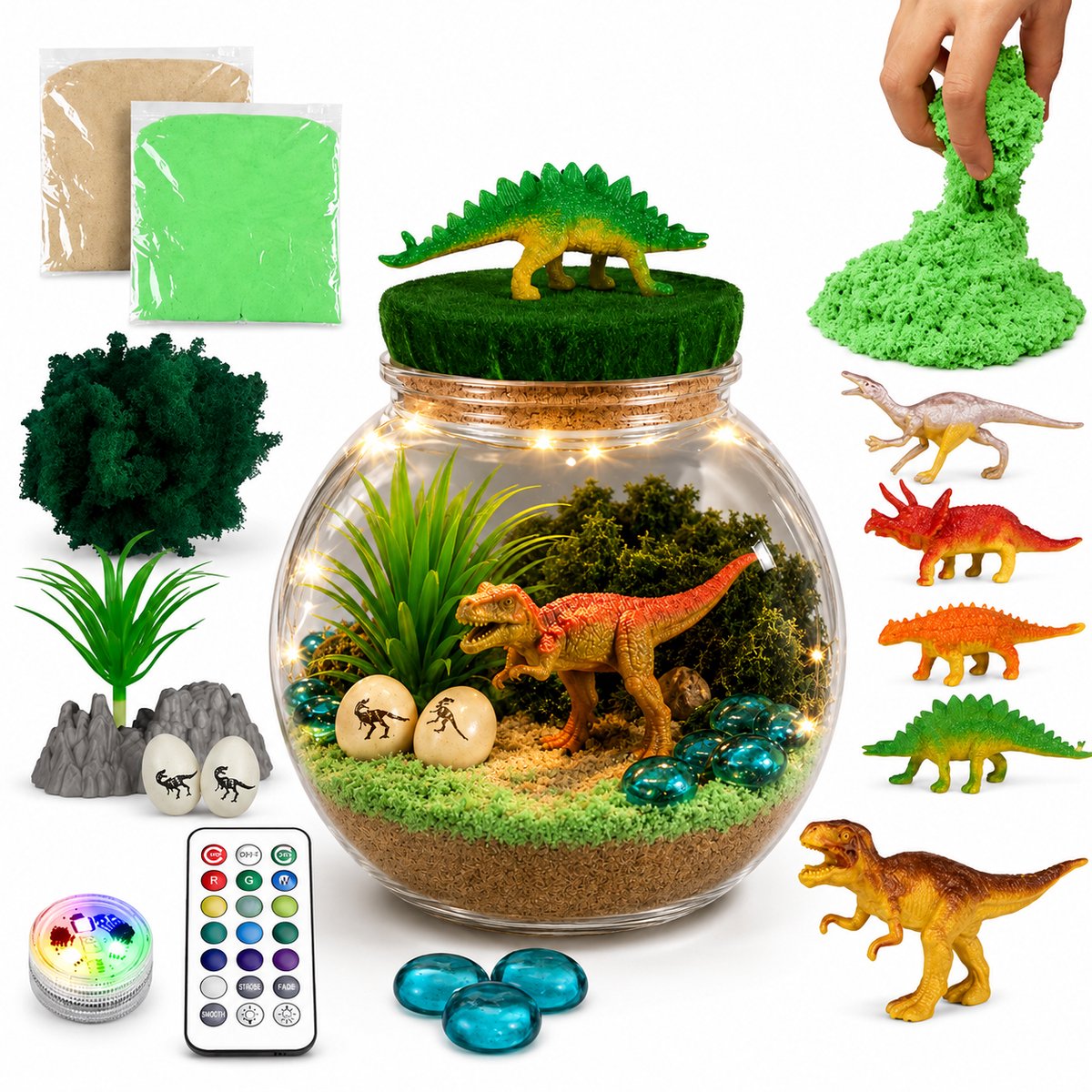 BOTC Dinosaurus Terrarium Kit - Experimenteerset - Knutselset met 13-Kleuren LED Nachtlamp, 5 Dinosaurus Figuren, STEM Speelgoe - Jongens en Meisjes