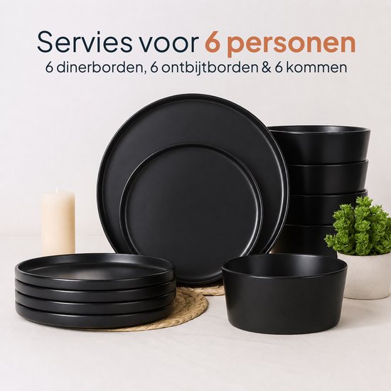 Luft Serviesset 6 Persoons - Bordenset - Kommen - Eetborden - Modern - Massief Aardewerk, Keramiek - Mat zwart - 18 delig — afbeelding 2