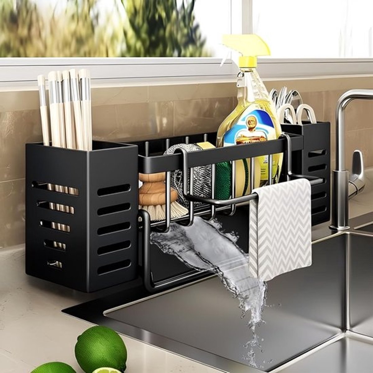 Multifunctionele Sink Organizer - Universele Afwasbak Organiser met Afneembare Handdoekhouder - Inclusief 2 Mandjes van Koolstofstaal - Zwart