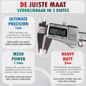 Verschillende diktes van Tenta tape: 1mm Ultimate Precision, 1.7mm Mesh Power, 2mm Heavy Duty, met beschrijvingen.