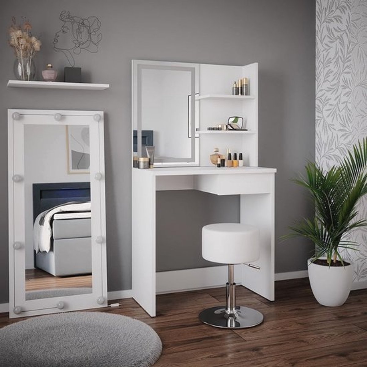Make-uptafel met LED-spiegel en kruk - 75 cm - Wit