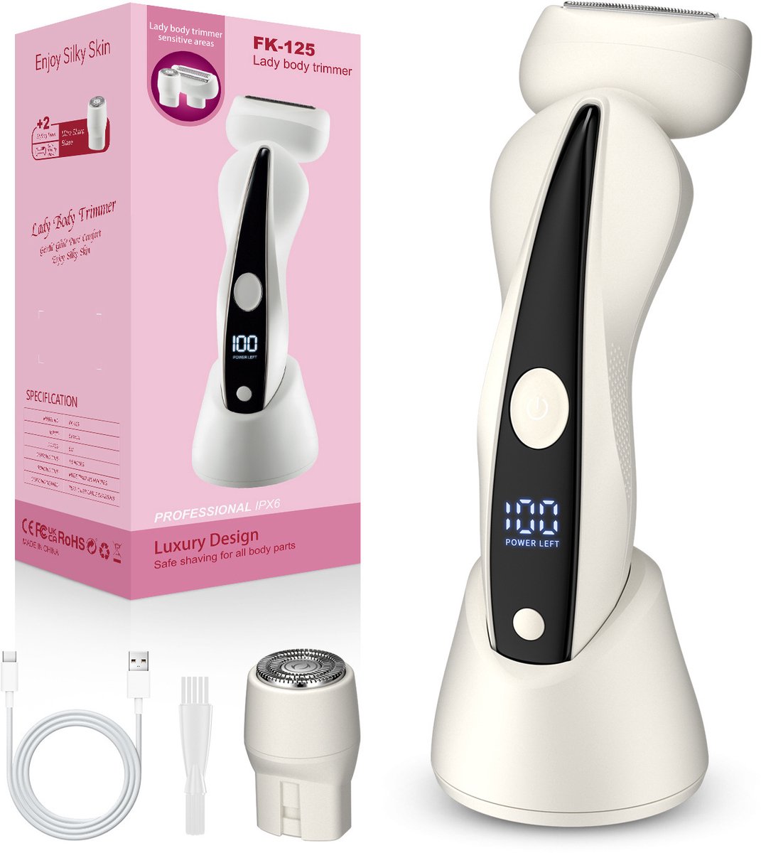 Bodytrimmer dames, elektrisch scheerapparaat voor vrouwen, 2-in-1 lichaamshaartrimmer met 3D scheerkop en ronde trimmerkop, LED-display, IPX6 waterdicht, USB-C oplaadbaar, 120 min gebruikstijd, Wit