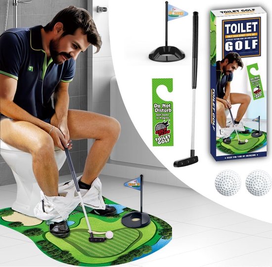 Toiletgolf, Toilet Golfspel, Mini Golfset voor op het Toilet, met Puttingmat, Putter, 2 Golfballen, Vlaggetje en Deurhanger, Grappig Cadeau voor Mannen en Golfliefhebbers — afbeelding 5