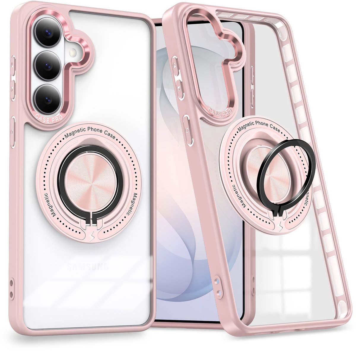 Magsafe Hoesje Geschikt voor Samsung Galaxy S26 Plus hoesje Transparant Rose Goud - Met kickstand Draaibare Ring Houder