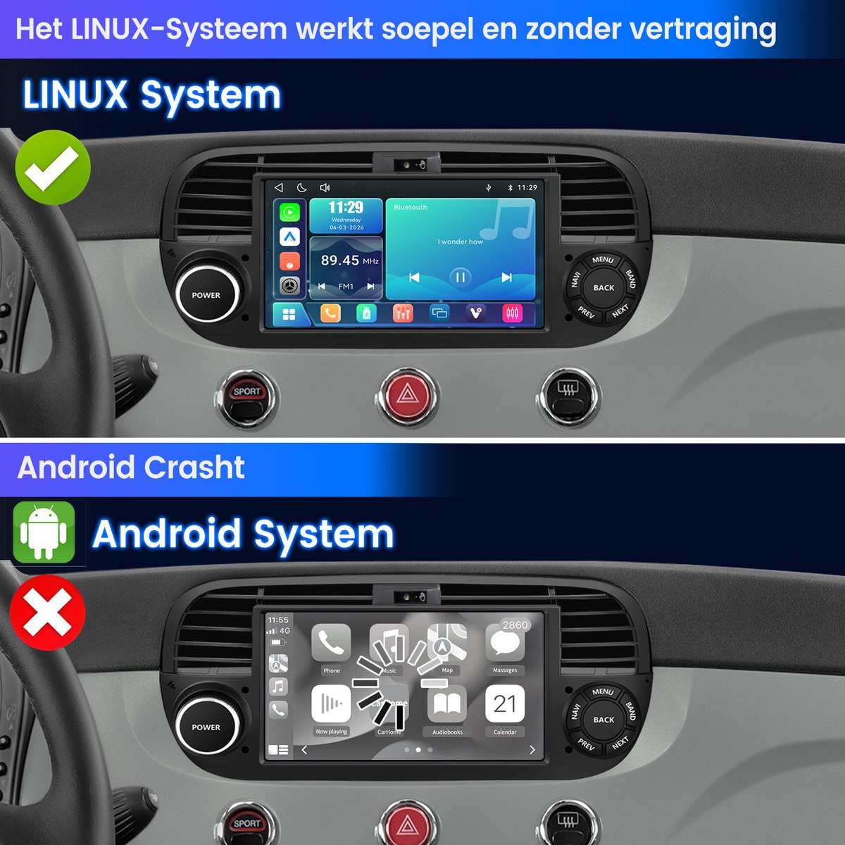 Awesafe Autoradio - Geschikt Voor Fiat 500 2007 t/m 2015 - Draadloos Carplay Android Auto - Linux systeem - 7 Inch Touchscreen - FM Radio Bluetooth EQ SWC Wifi Airplay - 2007 2008 2009 2010 2011 2012 2013 2014 2015