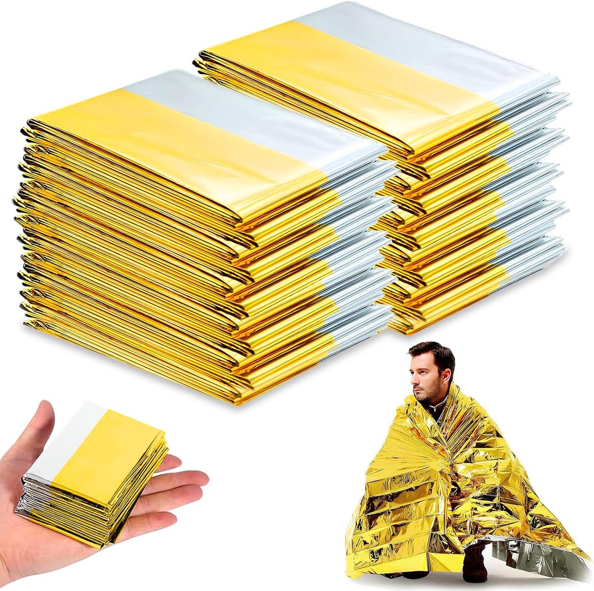 Nooddeken – goudkleurig en zilverkleurig, set van 10 stuks, 210 x 160 cm, geschikt voor eerste hulp, buitenactiviteiten en gebruik in de auto; weerbestendige reddingsdeken, geschikt voor wandelen, kamperen en noodsituaties; draagbare warmtedeken