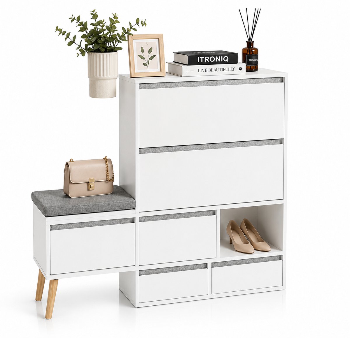 ITRONIQ Schoenenkast Met Uitschuifbare Schoenenbank - Schoenenrek Met Opbergruimte, Lades en Deuren - 92-124 x 115 x 24 CM - Wit