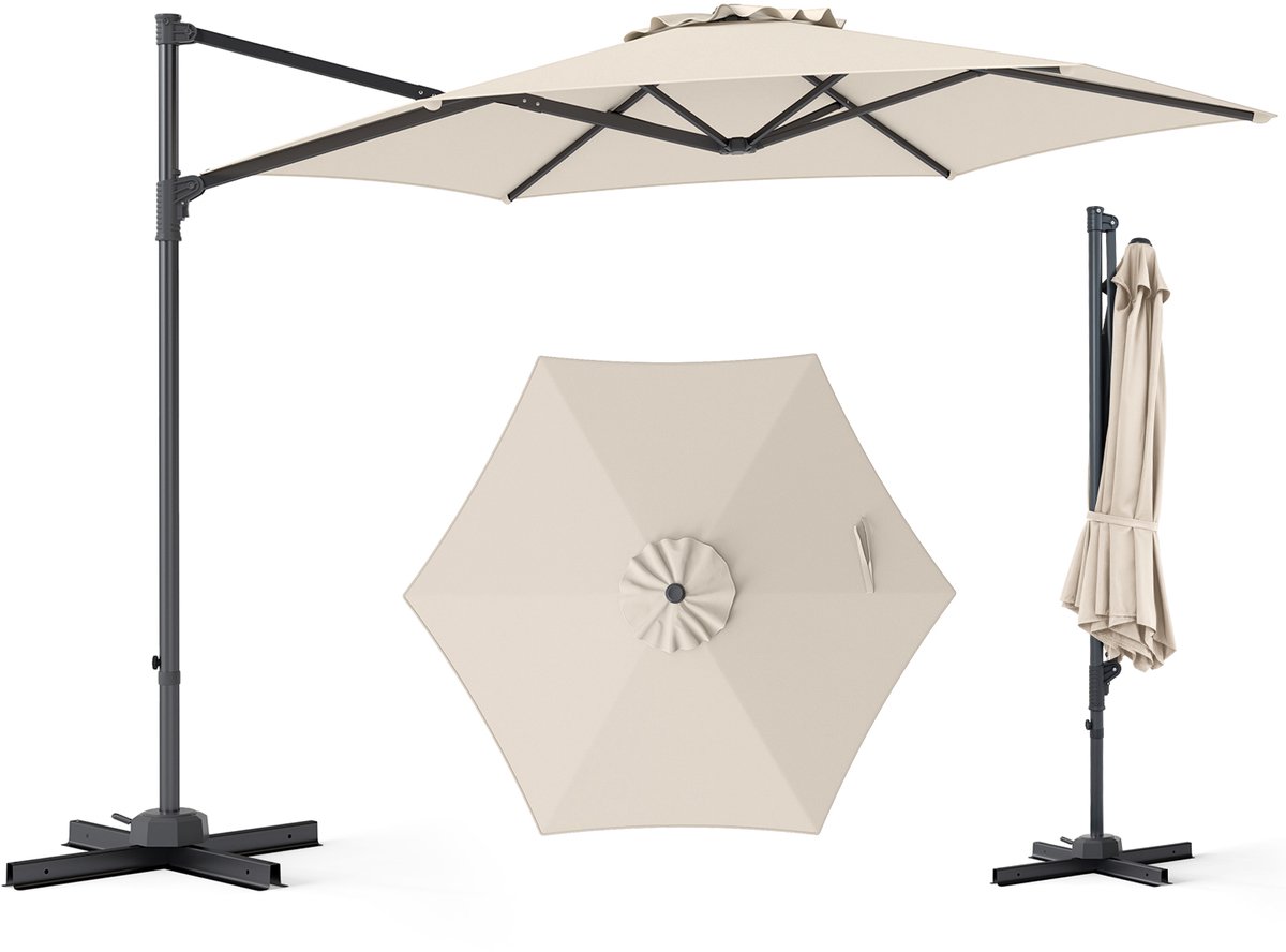 SureDeal® - Parasol - Zonneparasol Schuine - Ventilatieopening Kruisvoet Slinger - 292x292x240 cm - Beige