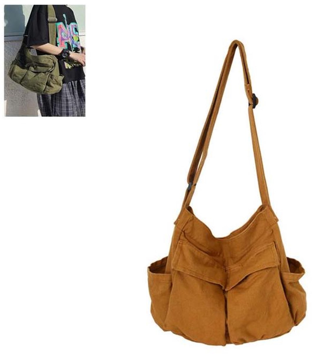 KZQ damesschoudertas - Retro canvas crossbodytas - Messengerbag - Leuk ontwerp - Geschikt voor school, werk en dagelijks gebruik - Bruin