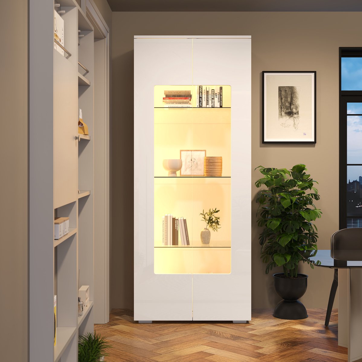 REDOM - Vitrinekast - LED verlichting - 2 openslaande deuren - Gehard glas - Hoogglans front - MDF - Wit - 70 x 40 x 173 cm