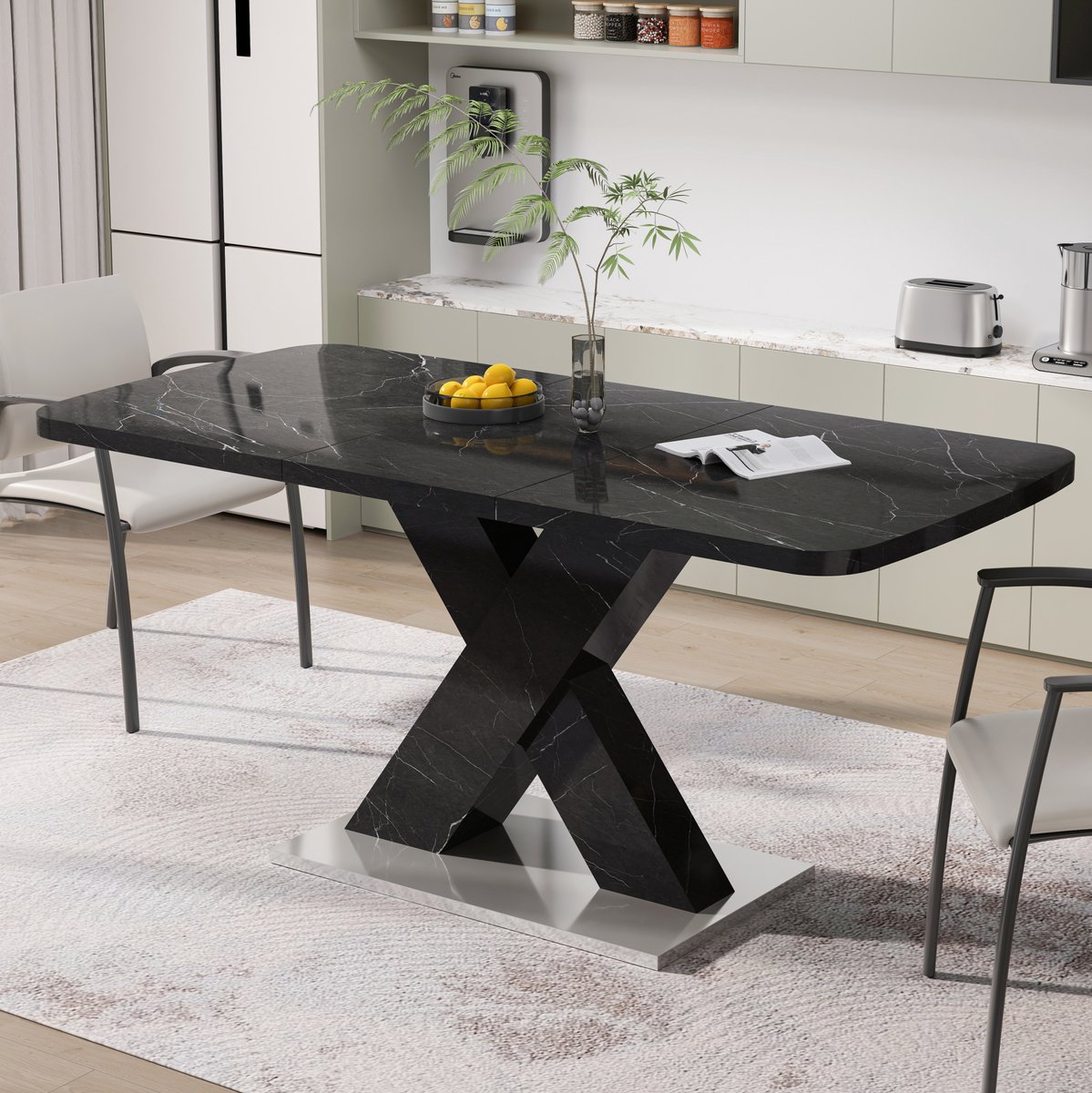 REDOM - Tafel - Uitschuifbare rechthoekige eettafel - X-poot met metalen basis - Moderne stijl - Eetkamer - MDF en staal - Zwart - 160 x 80 x 76,5 cm