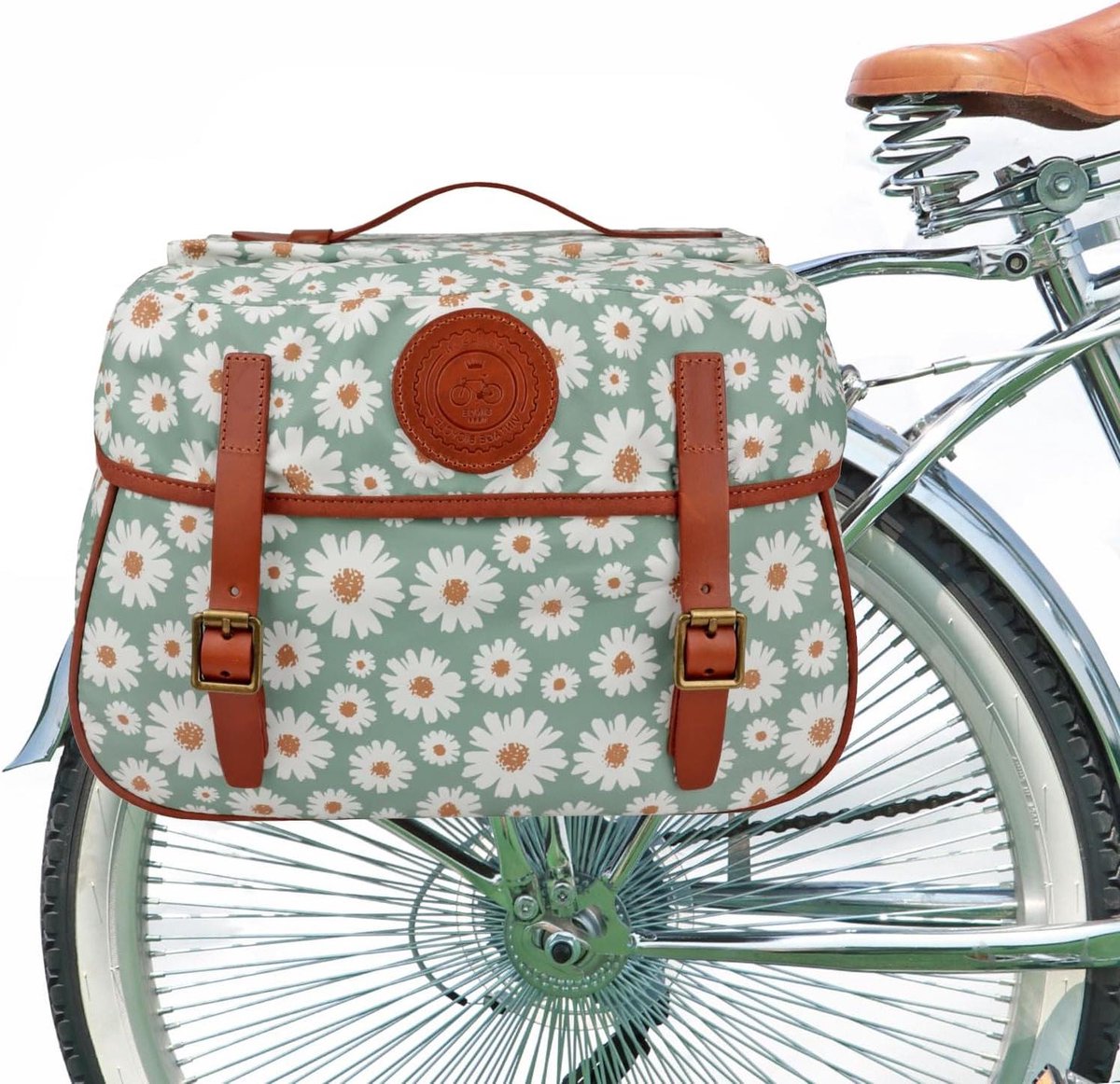 Dubbele Fietstas - Bagagedrager Tas - Fietsen Boodschappen - Waterdicht Canvas - 44x35x25cm - Groen Bloemen