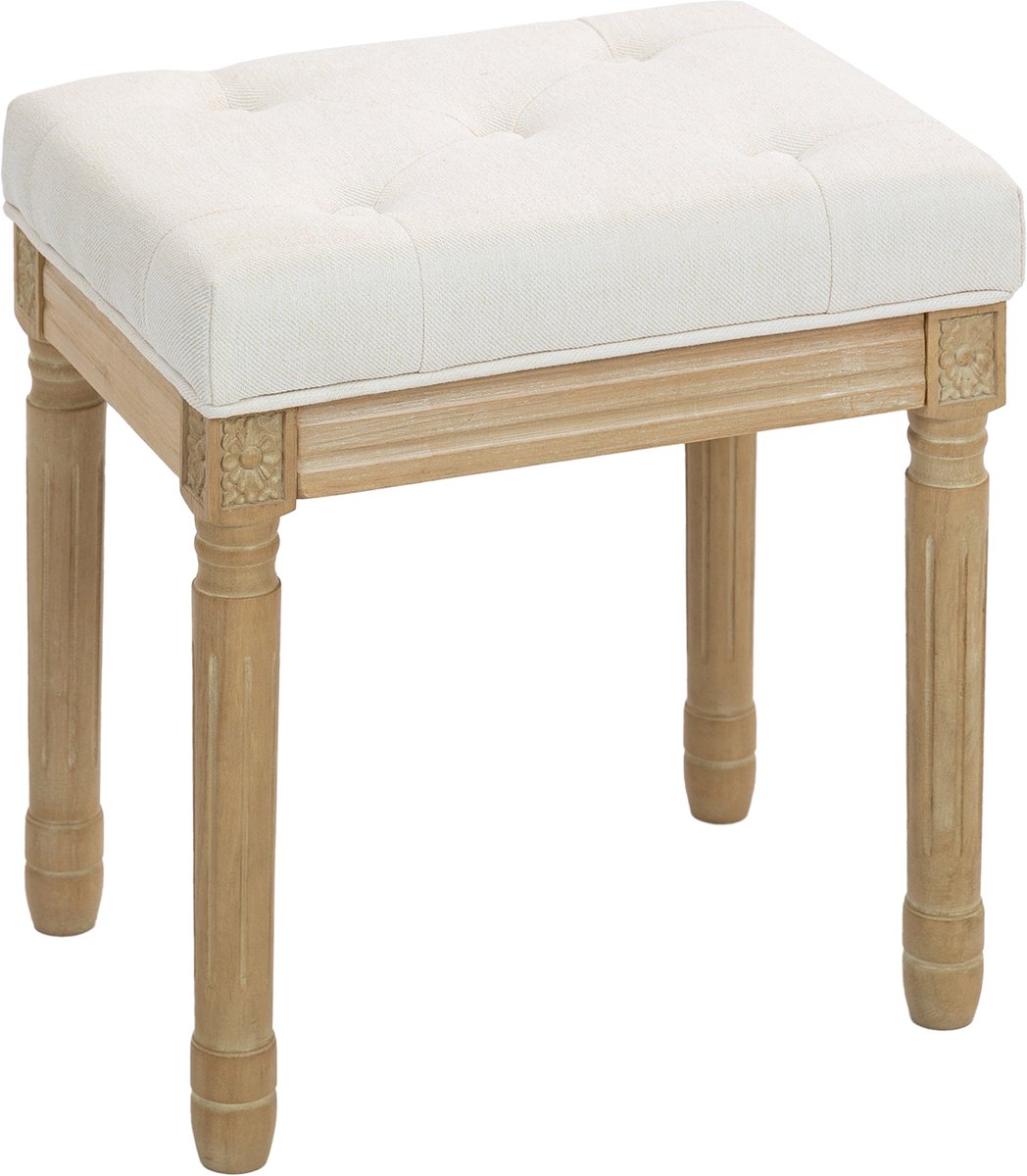 Linnen kruk - gestoffeerde bank - voetenbank met gewatteerde zitting - houten poten - 42 x 32 x 46 - 5 cm - beige