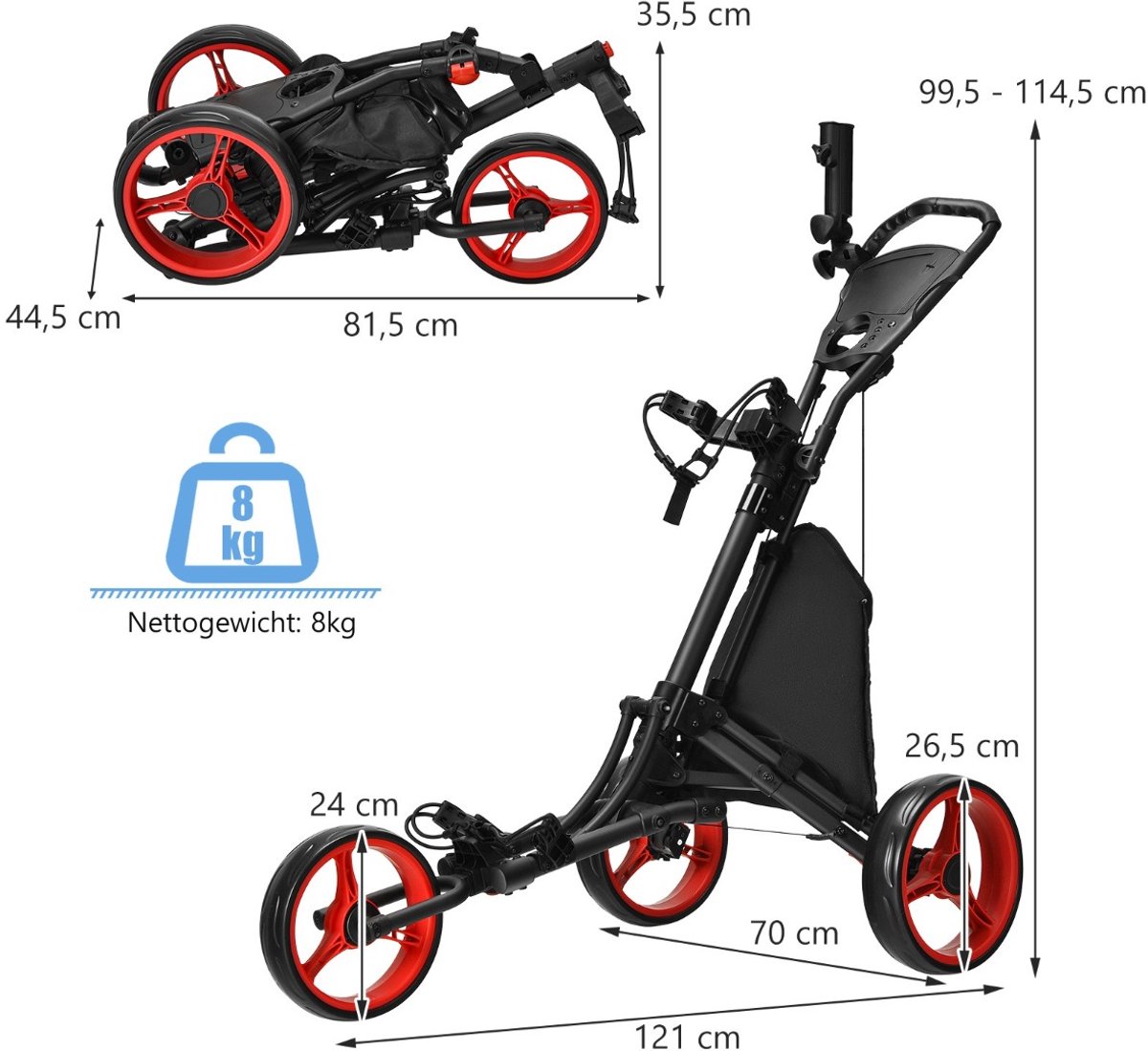 SureDeal® - Golf - Wielen Duwkar Snel - Golfclubs Golftrolley - 121x70x99,5 cm - Naturel