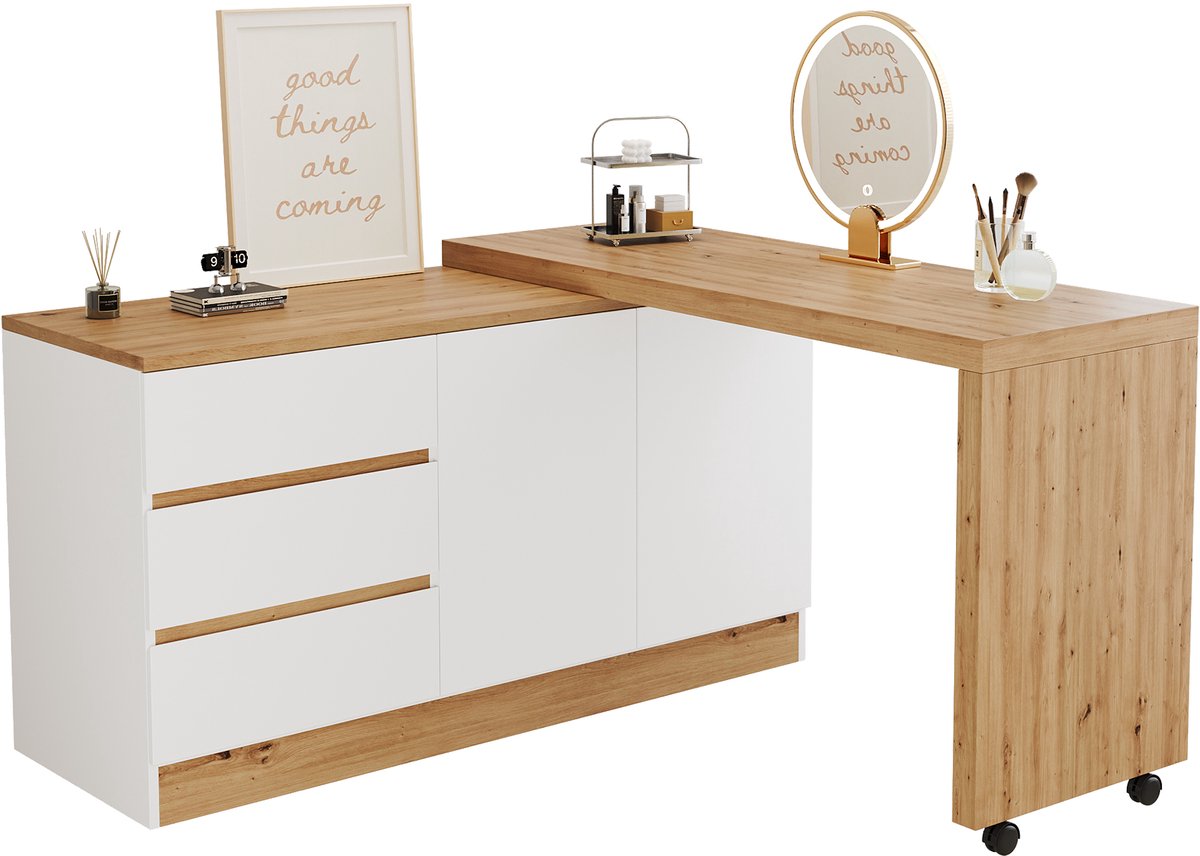 Bureau met vergrendelbare wieltjes - 4 cm draaibaar tafelblad - opvouwbaar bureau - hoekbureau - zijkast - wit en eik