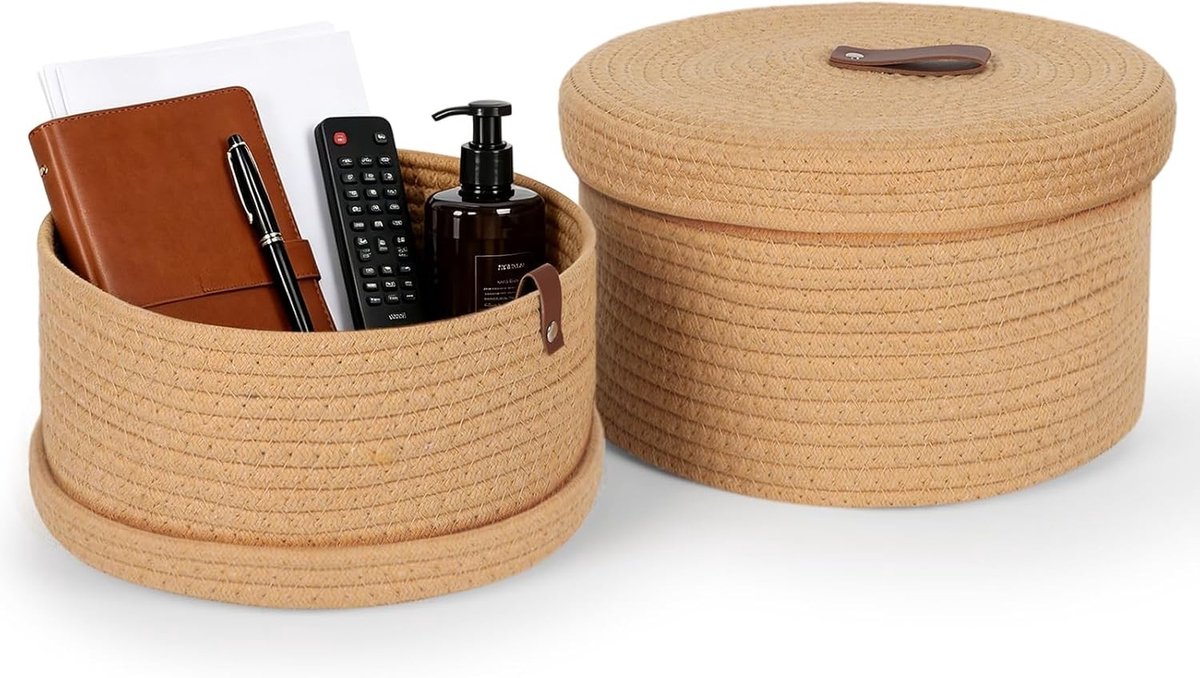 Set van 2 Opbergmanden met Deksel, Ronde Katoenen Rieten Mand, Handgevlochten, Ideaal voor Speelgoed, Organisator voor Kinderkamer, Woonkamer en Badkamer, Decoratief en Functioneel