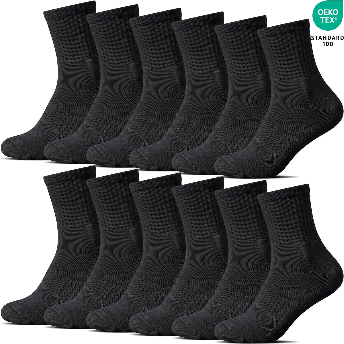BENYSON® 12 Paar Middelhoge Quarter Sokken met Badstof Zool - Sportsokken - Wandelsokken - Casual - Katoen - Zwart - Maat 35-38 - Heren Dames Unisex -Hardloopsokken B-8151