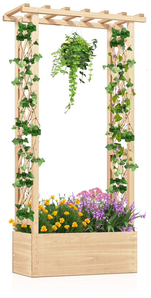 SureDeal® - Plantenbak - Verhoogde Tuin - Latwerk Houten - Hangend Dak Afwateringsgaten - Klimplanten Bloemen Groenten - 66x32x152 cm - Naturel