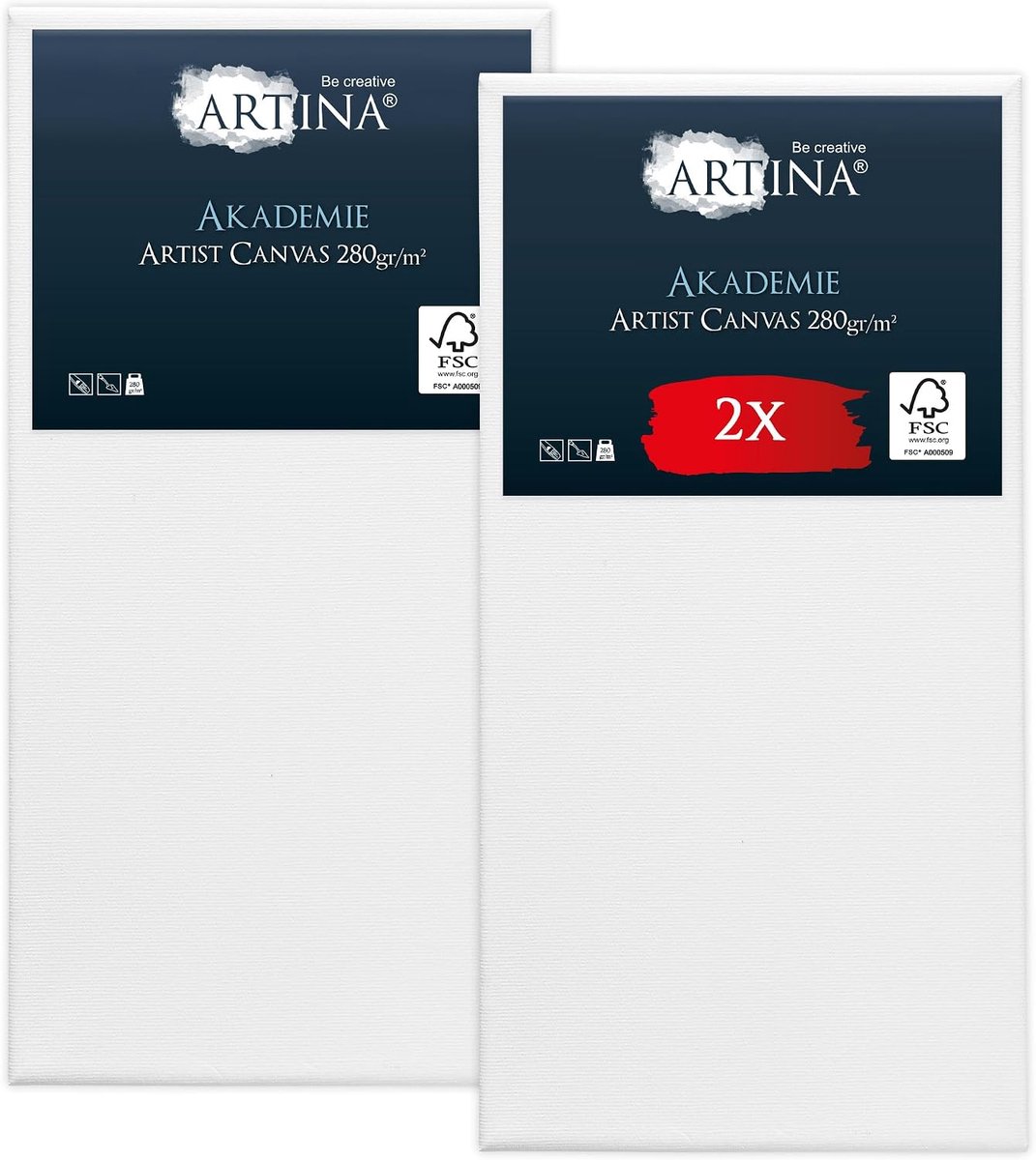 Artina Akademie Set van 2 Schilderdoeken Canvas 30x60 cm Spieraam van FSC® Hout Wit Canvas 100% Katoen 280 g/m²