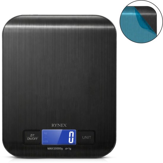 Zwarte RYNEX digitale keukenweegschaal met blauw verlicht display, MAX 10000g.