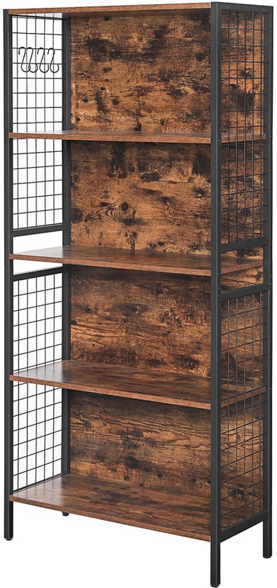 Boekenkast met zwart metalen rooster-zijkanten en houten planken. Een set van 4 S-haken hangt aan de zijkant.