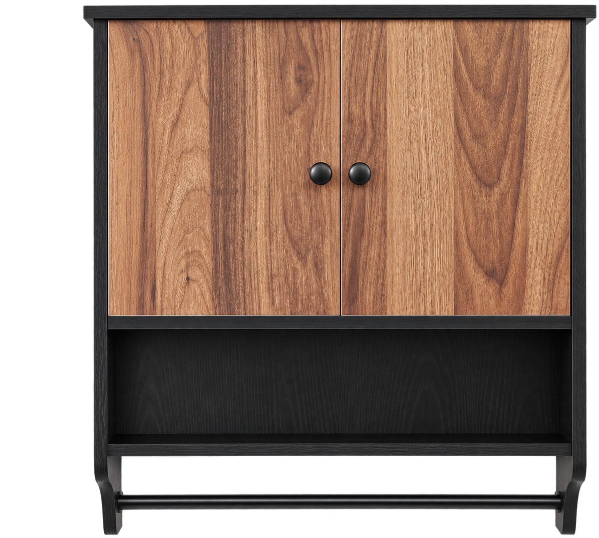 Bresht Wandkast - Hangkast - Badkamer - 2 deuren - Open Vak - Handdoekhouder - Vovhtbesteding - Hout & Metaal - 61 × 19 × 70 cm