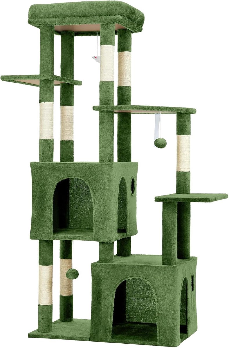Krabpaal - Kattenkrabpaal 155 cm voor grote katten & Maine Coon - Meerniveaus klimboom met XL ligplateau, 2 ruime kattenhuisjes, 7 sisal krabpalen & speeltjes - Groen -72x45x155CM