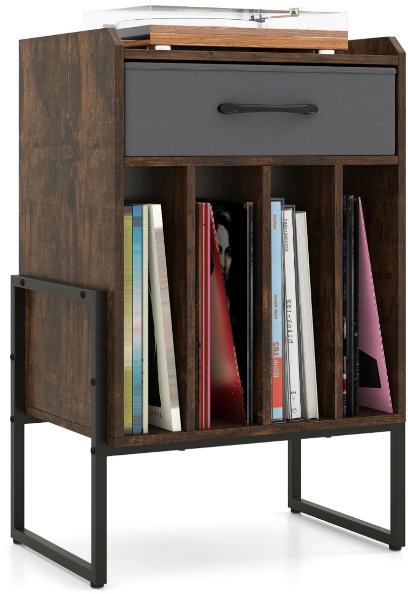SureDeal® - Opbergrek - Platenrek Draaitafelstandaard - Opvouwbare Stoffen Lade - Vier Compartimenten Vinyl - 45x32,5x68,5 cm - Koffiebruin