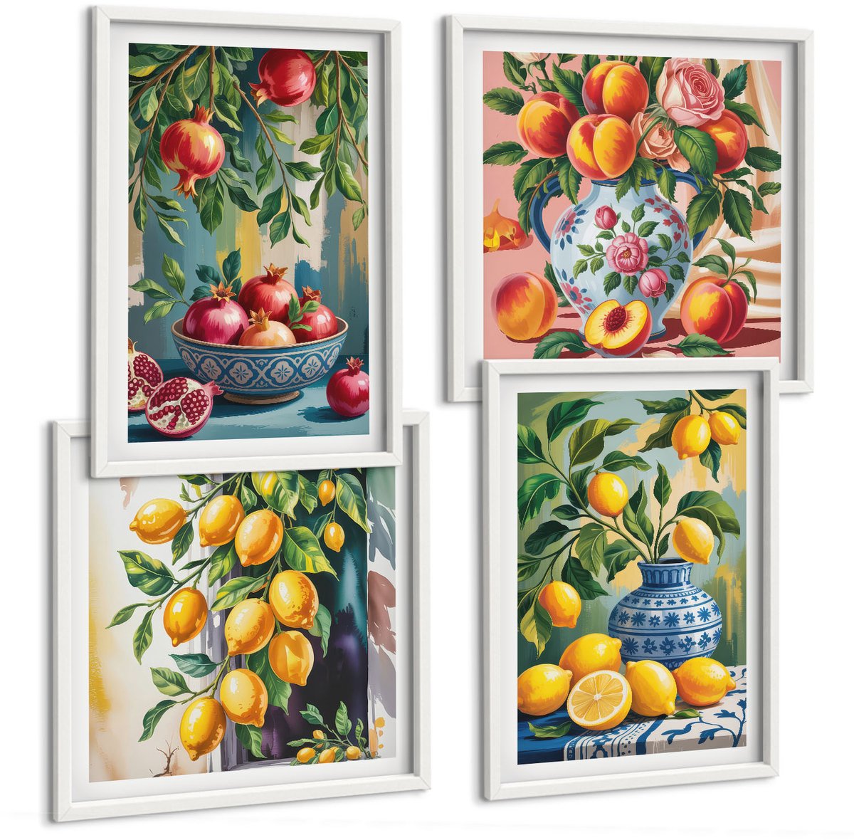 Wallfluent 4-Delige Schilderij Set - Fruitcomposities Met Granaatappels, Citroenen En Perziken - 40 x 40 En 40 x 60 - Decoratieve Muurdecoratie - Slaapkamer - Decoratieve Schilderijen