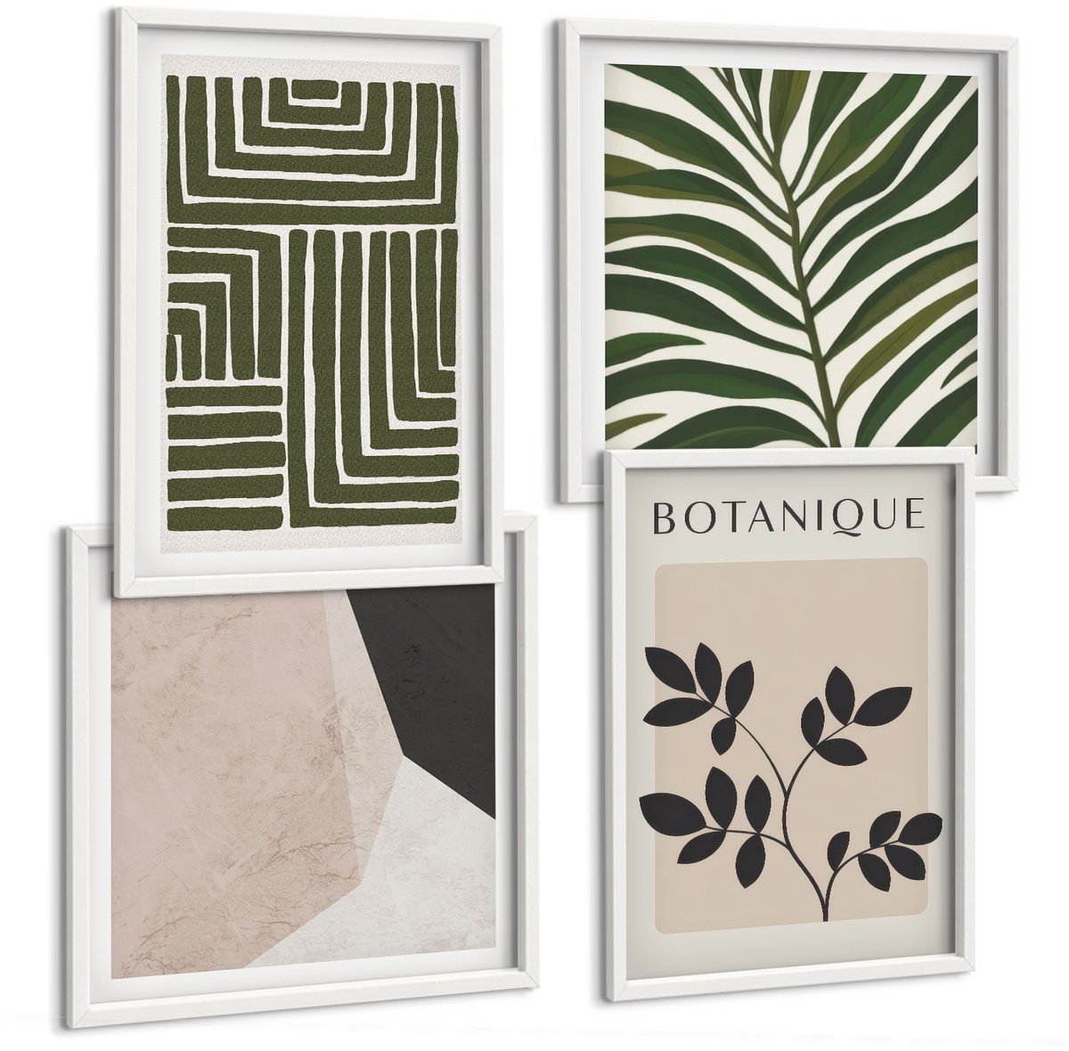 Wallfluent 4-Delige Schilderij Set - Botanische Composities In Boho-Minimalistische Stijl - 40 x 40 En 40 x 60 - Muurdecoratie - Schilderijen Set - Woonkamer - Interieur Decoratie