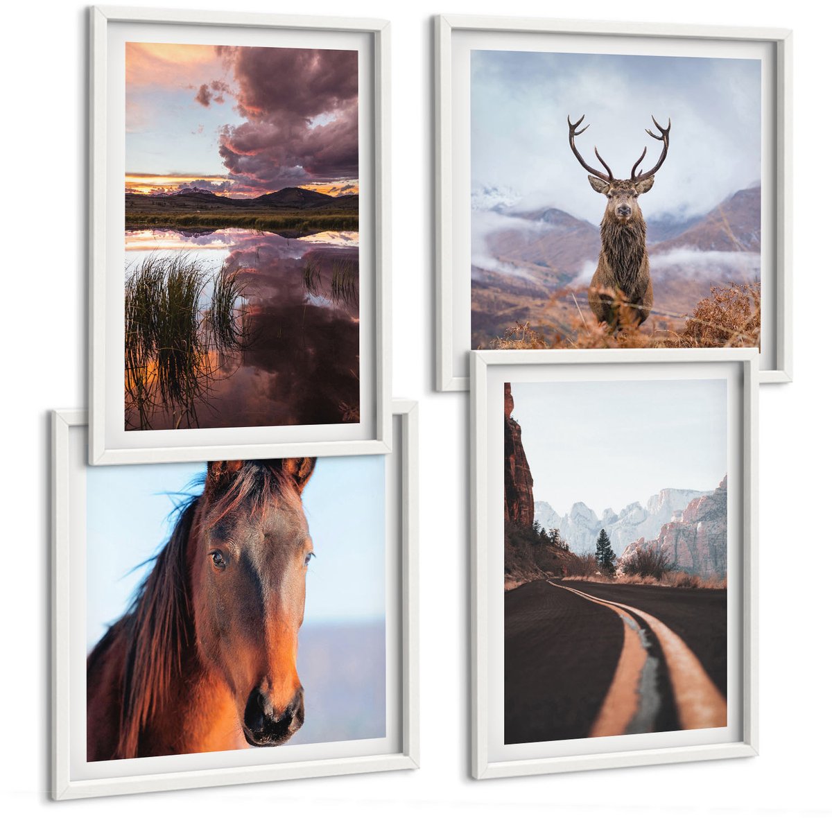 Wallfluent 4-Delige Schilderij Set - Berglandschap Met Rendieren, Paarden En Een Weg - 40 x 40 En 40 x 60 - Wanddecoratie - Muurdecoratie - Woonkamer - Woonkamer Decoratie