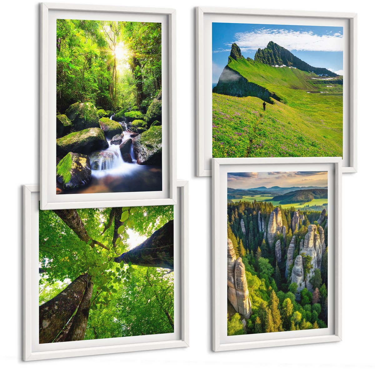 Wallfluent 4-Delige Schilderij Set - Groene Berglandschappen Met Waterval En Bos - 40 x 40 En 40 x 60 - Muurdecoratie - Interieur Decoratie - Moderne Wanddecoratie