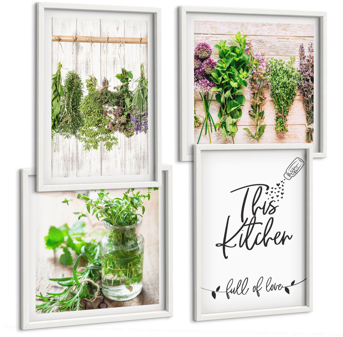 Wallfluent 4-Delige Schilderij Set - Kruiden En Planten Drogen Voor In De Keuken - 40 x 40 En 40 x 60 - Decoratieve Schilderijen - Wanddecoratie - Hal - Muurdecoratie