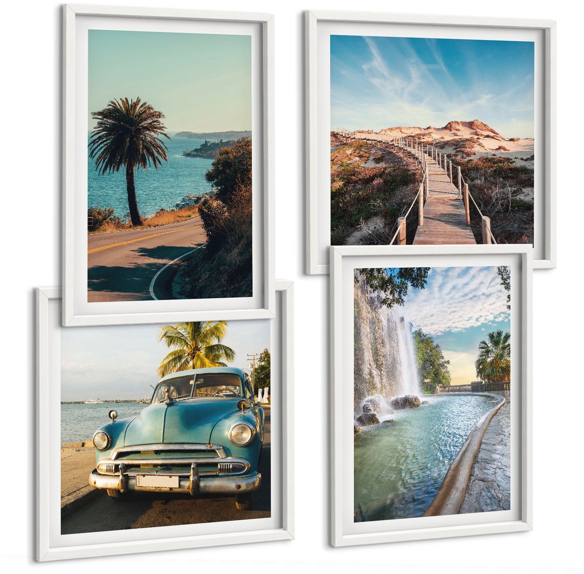 Wallfluent 4-Delige Schilderij Set - Vakantielandschappen Met Palmbomen En Een Waterval - 40 x 40 En 40 x 60 - Wanddecoratie - Muurdecoratie - Moderne Interieurdecoratie - Interieur Decoratie