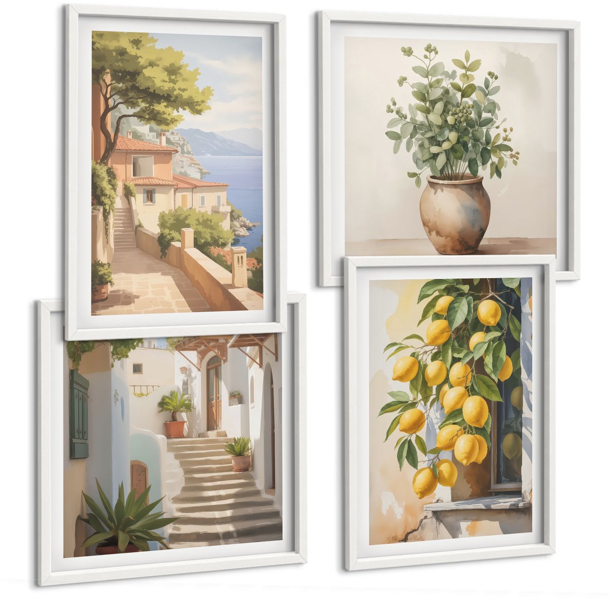 Wallfluent 4-Delige Schilderij Set - Bloemen In Een Vaas Met Uitzicht Op Zee En Citroenen - 40 x 40 En 40 x 60 - Schilderijen Set - Wanddecoratie - Woonkamer - Decoratieve Schilderijen