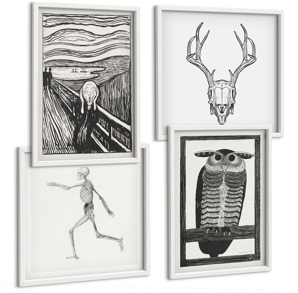 Wallfluent 4-Delige Schilderij Set - Inspiratiebeeld: Schreeuw Met Schedel En Uil In Grafische Stijl - 40 x 40 En 40 x 60 - Schilderijen Set - Wanddecoratie - Woonkamer - Interieur Decoratie