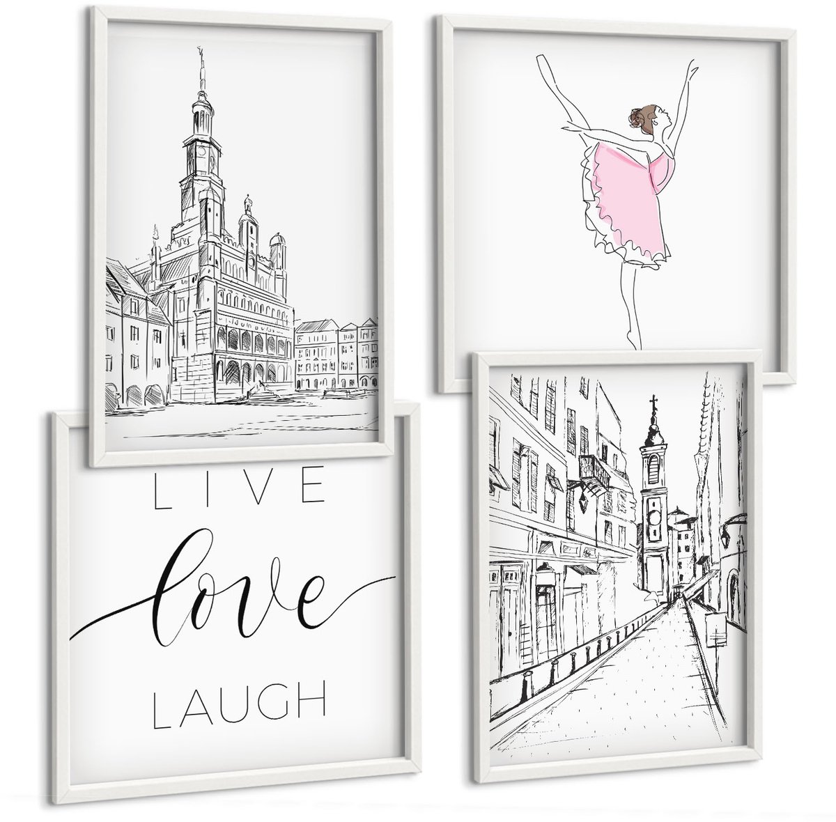 Wallfluent 4-Delige Schilderij Set - Stijlvolle Afbeeldingen Met Een Dansende Ballerina En Liefde Voor Architectuur. - 40 x 40 En 40 x 60 - Muurdecoratie - Wanddecoratie - Hal