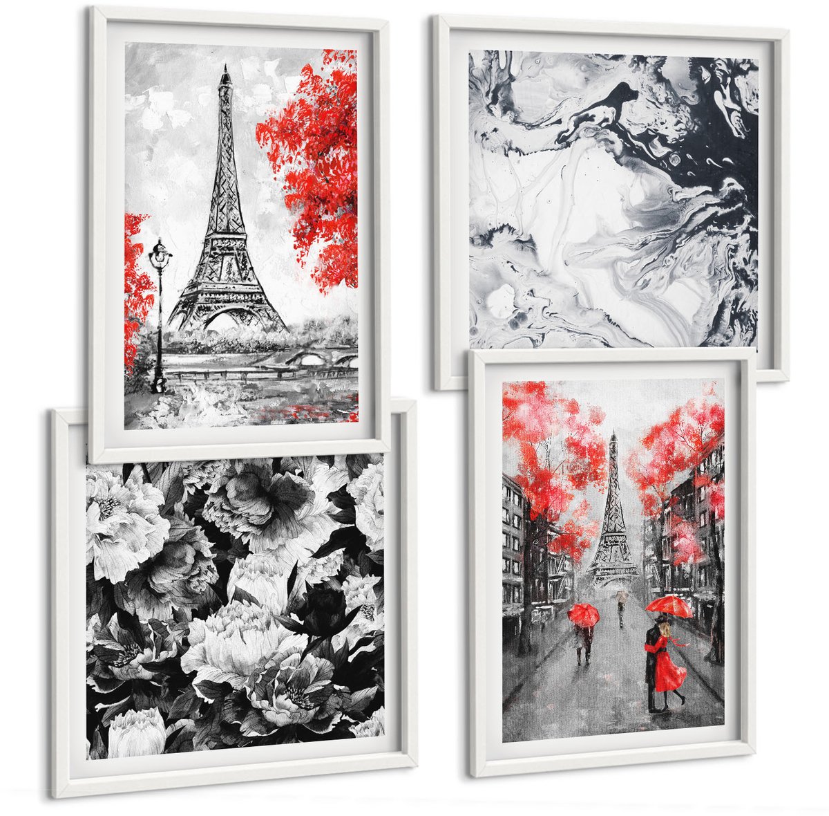 Wallfluent 4-Delige Schilderij Set - Eiffeltoren In Grijs Met Rode Accenten - 40 x 40 En 40 x 60 - Moderne Wanddecoratie - Woonkamer - Decoratieve Schilderijen