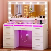 Kaptafel - Make up Tafel met RGB LED Spiegel en 3 Lichtkleuren – 9 Laden en 1 Open Vakken – Glazen Blad – 2 Stopcontacten –Wit