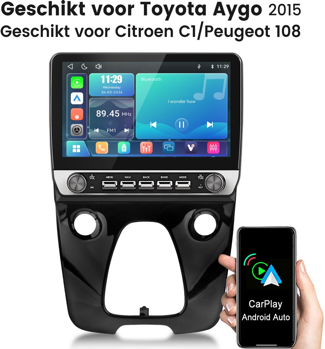 Junsun lINUX Systeem Draadloos Carplay & Andriod Auto Autoradio Geschikt voor Citroen C1 Peugeot 108 Toyota Aygo II - 10.1 Inch HD TouchScreen - Bluetooth - GPS navigatie- WiFi - FM - RDS- Airplay