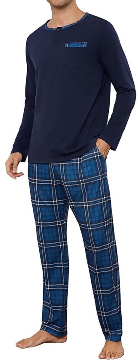 2-Pack Katoenen Herenpyjama Lange Mouw met Trekkoord en Zakken - Comfortabele Winter Pyjama Set